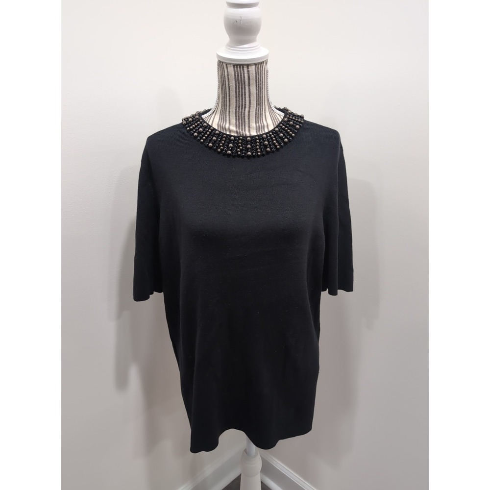Talbots‎ Sweater Black Beaded Neck Plus Size 1X Short Sleeve Cotton Blend Shirt